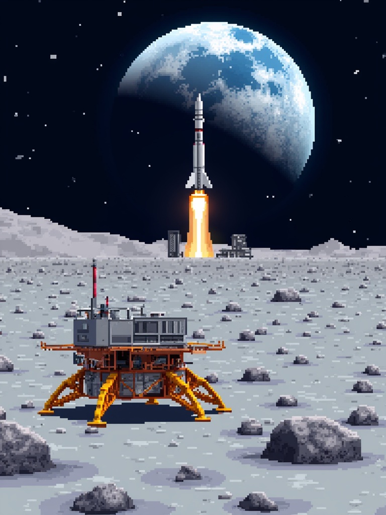 Pixel art,a human research station stationed on the surface of the moon,has a rocket liftoff in the distance with a huge afterimage of the earth in the background.,