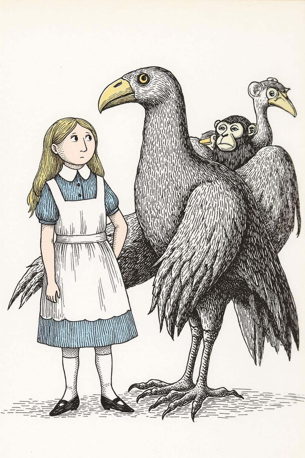edwardgorey1 illustration.joten1. A fantastical encounter between a young girl,  Alice in Wonderland,  and a giant on Tens...