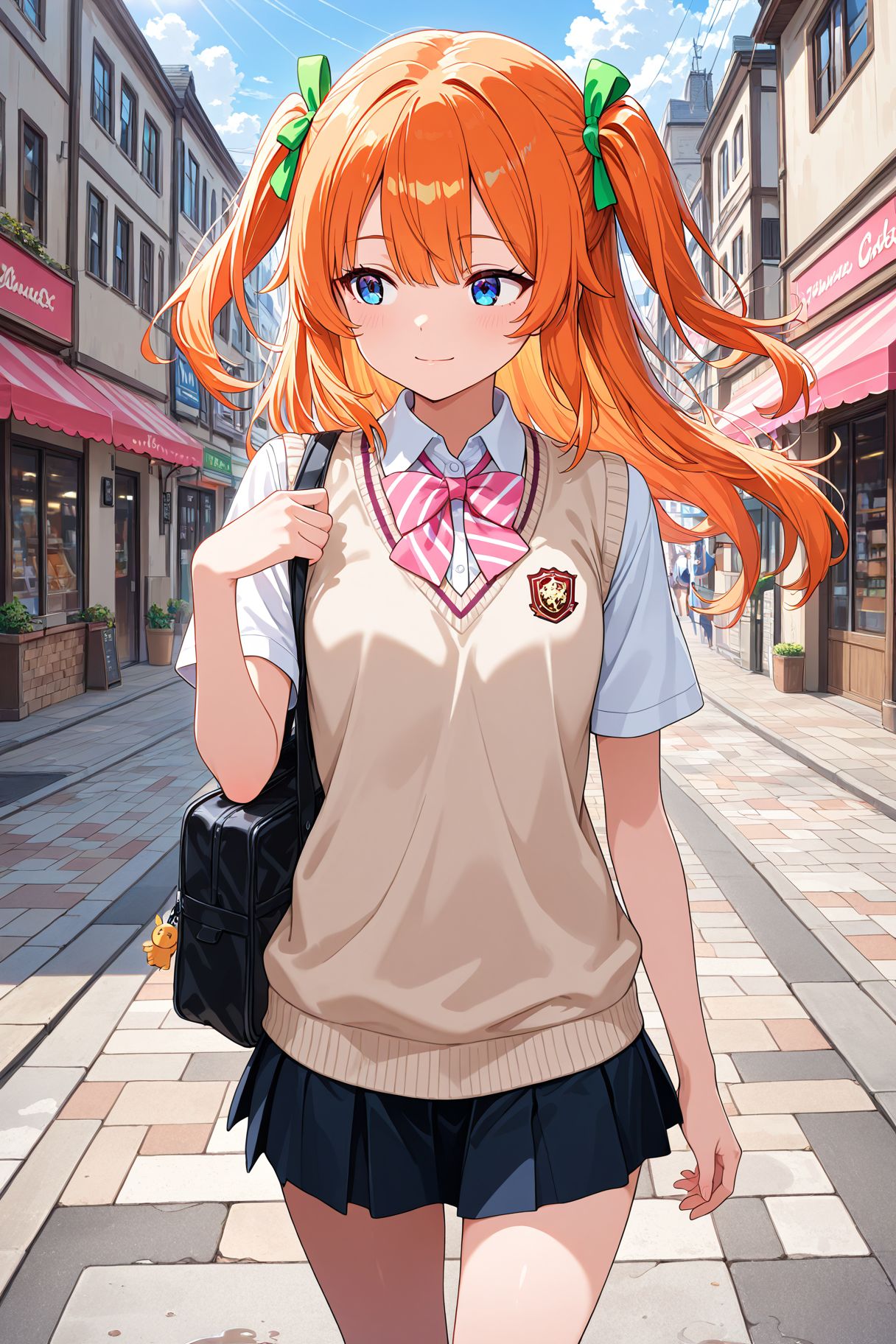 masterpiece,  best quality,  BREAKA girl is walking through the city. She has blue eyes and orange hair on Tensor.Art