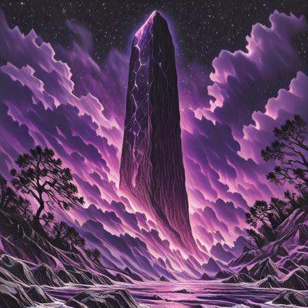 ArsMJStyle,  HyperDetailed Illustration,  The image is a digital illustration of a tall tall rock formation in the middle...