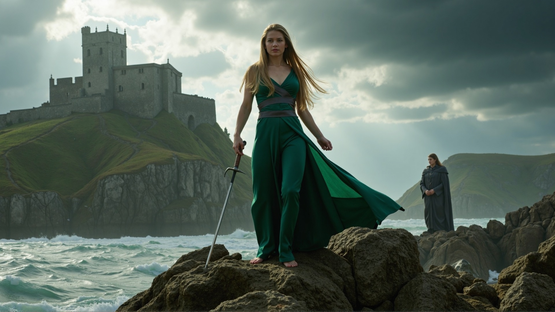 A dramatic medieval scene featuring a majestic castle in the background with dark,  stormy clouds looming overhead. In the...