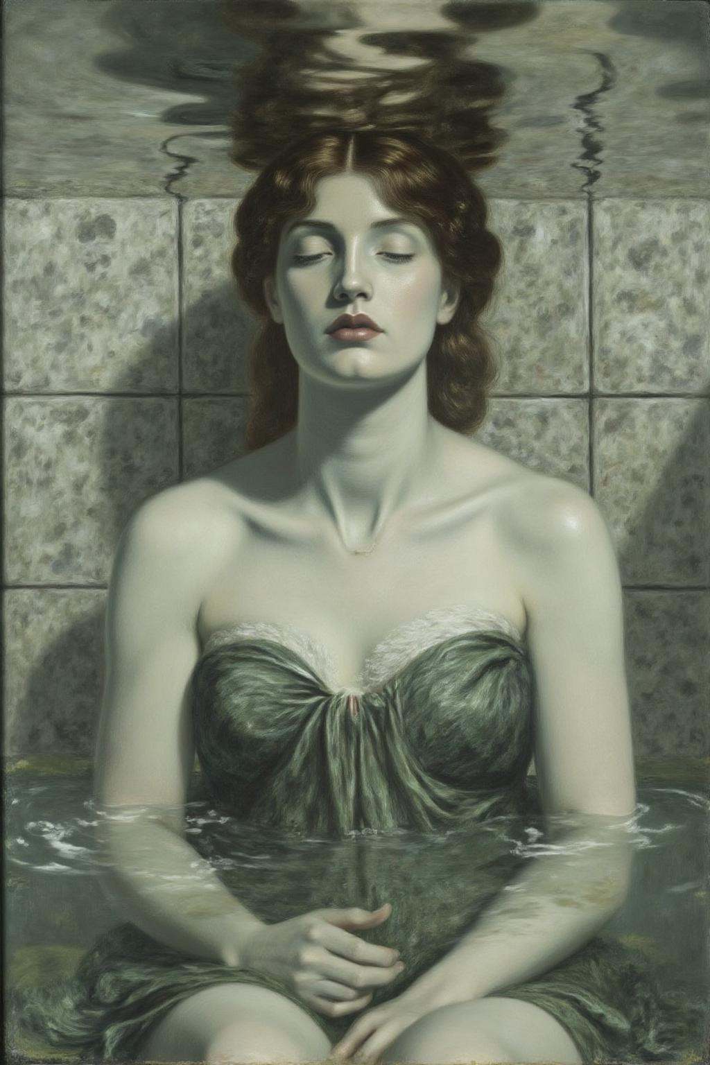 dgr painting.Closeup shot of a serene and artistic underwater scene featuring a woman partially submerged in water. She is...