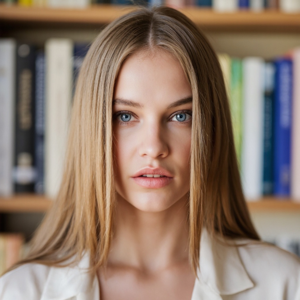 A portrait of barbara_palvin with long,  straight,  golden blonde hair. She has striking blue eyes and a neutral expressio...