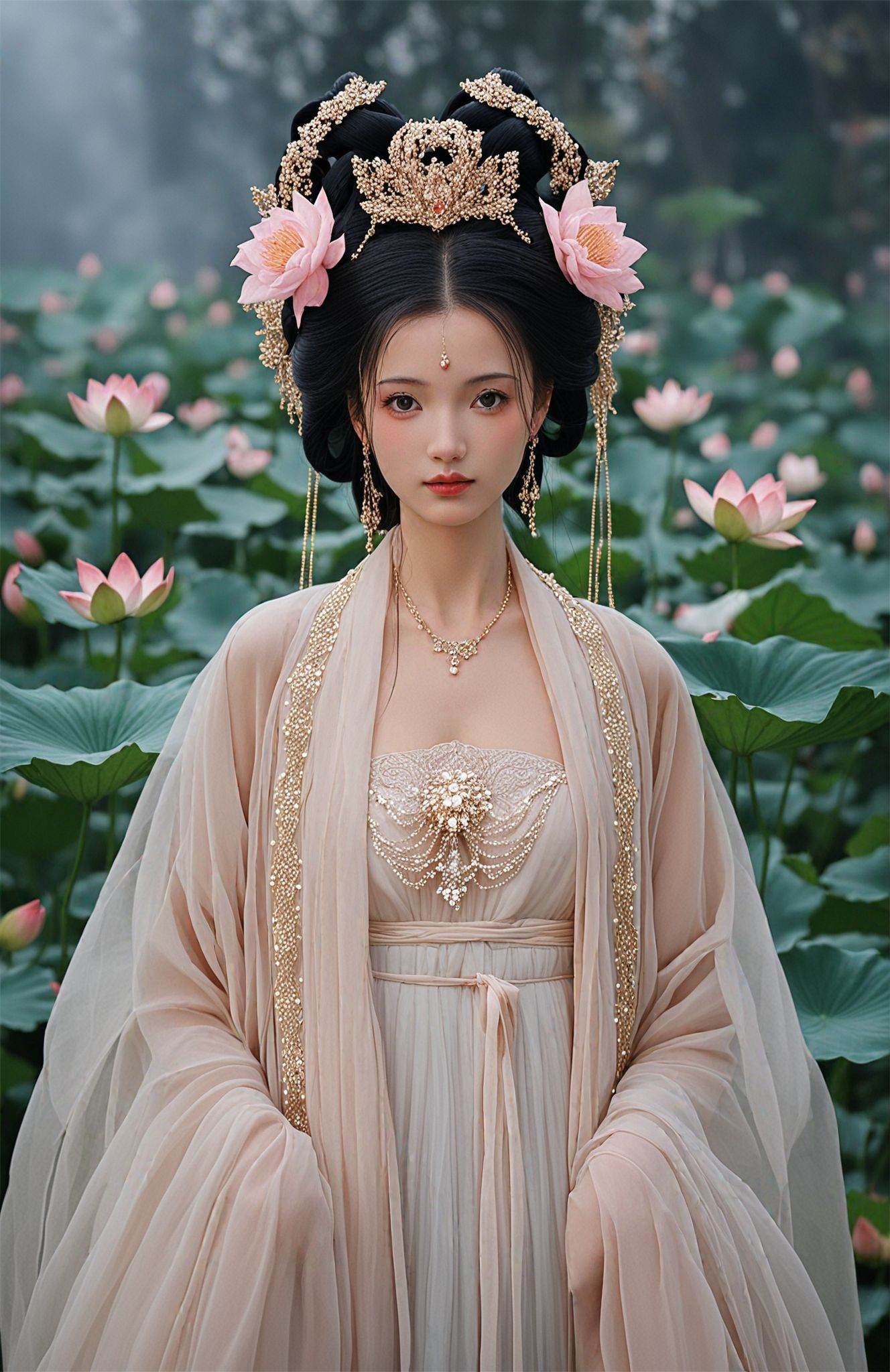 score_9,score_8_up,score_7_up,score_6_up,score_5_up,Hanfu, a traditional Chinese garment, is depicted in this image. The individual is adorned in a flowing robe with delicate embroidery and intricate details, showcasing the beauty and craftsmanship of traditional Chinese textile design. The fabric appears to be of a sheer, lightweight material, allowing a glimpse of the skin beneath and adding to the ethereal quality of the attire. The robe is complemented by an ornate headdress, rich with floral and foliage motifs, further emphasizing the cultural significance of nature in Chinese aesthetics. The setting is completed with the presence of lotus flowers, a symbol of purity and enlightenment in Chinese culture, which are often associated with the beauty and elegance of traditional Chinese women's attire.
