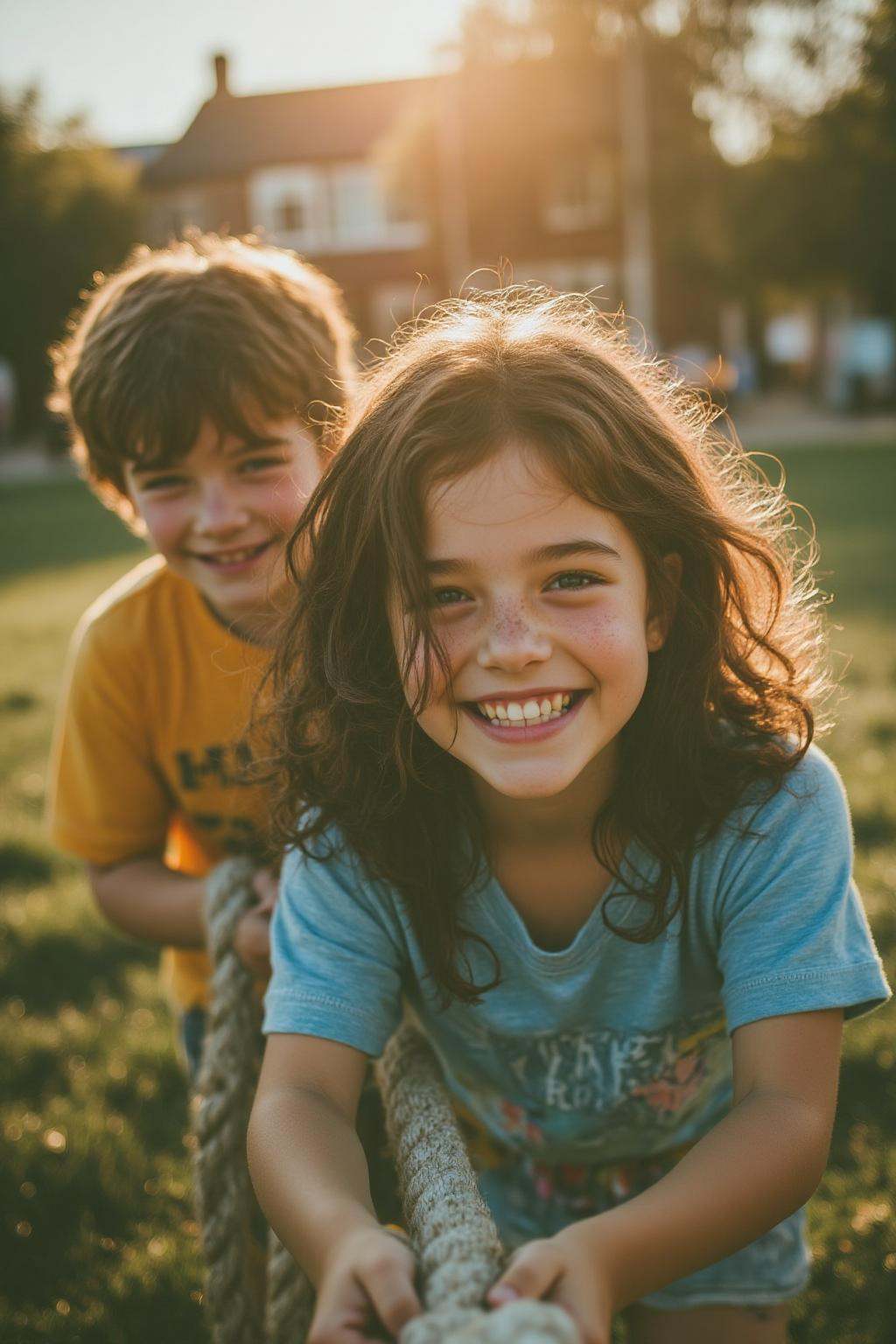 midjourney analog photograph. Two young children,  a girl in front and a boy behind her,  are engaged in a game of tug-of-...
