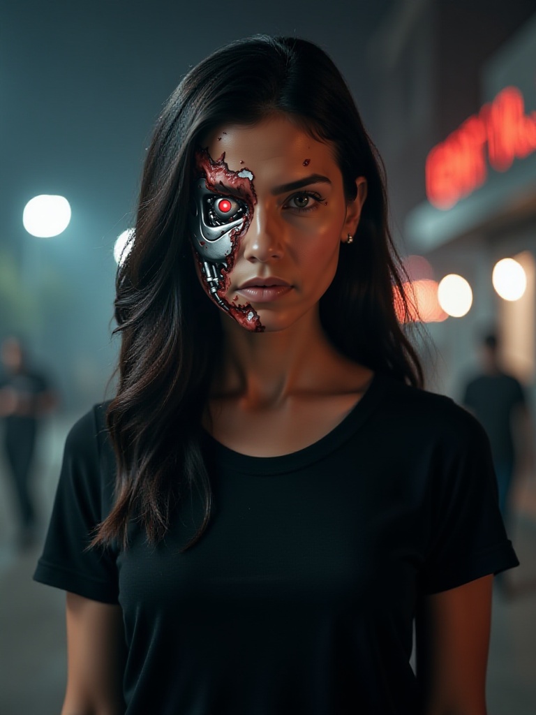 ((TerminatorBattleDamage)),  a beautiful slender (((Hispanic girl))) ((with facial battle damage consisting of torn flesh...