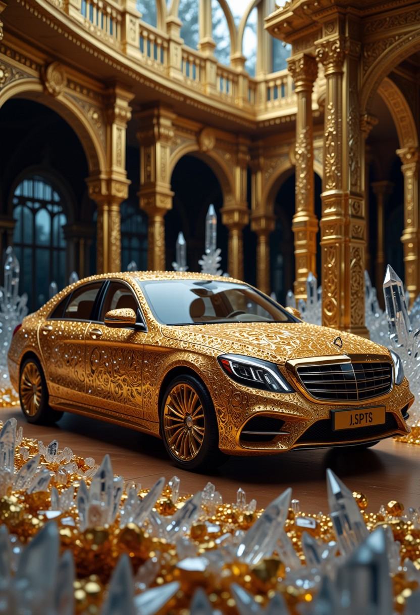 This is a highly detailed,  CGI-rendered image of a luxurious,  golden-colored sedan car set in an elaborate on Tensor.Art