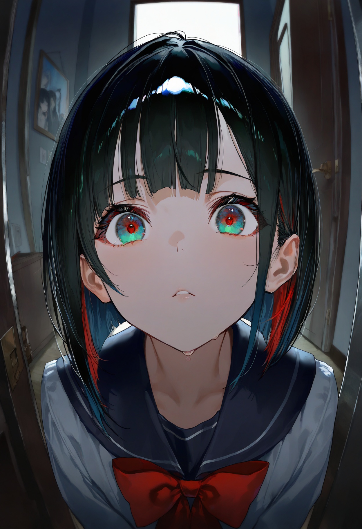 masterpiece,best quality,amazing quality,very aesthetic,absurdres,newest,impactful picture,offcial art,movie perspective,(yunsang:0.5),(ningen mame:0.5),(mika pikazo:0.5),dark,The girl opened the door and saw the people outside the door in amazement, face focus,