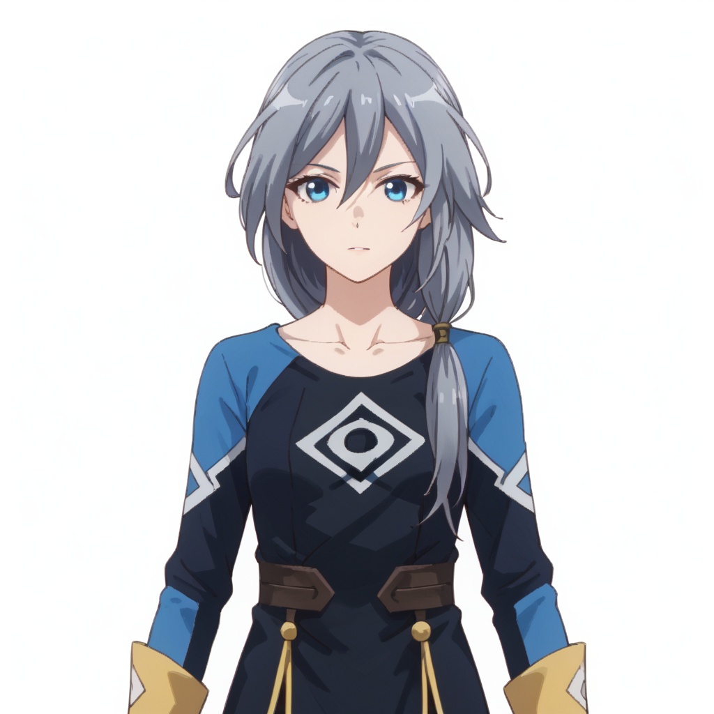 (white background:1.2),looking at viewer,(SOLO:1.4),outline,simple background,upper body, cowboy shot,looking at viewer,(((arms at side))),  fu hua, fu hua animever, long hair, bangs, hair between eyes, blue eyes, grey hair, blue hair, hair ornament, low-tied long hair<lora:lanyi-pony:0.8>