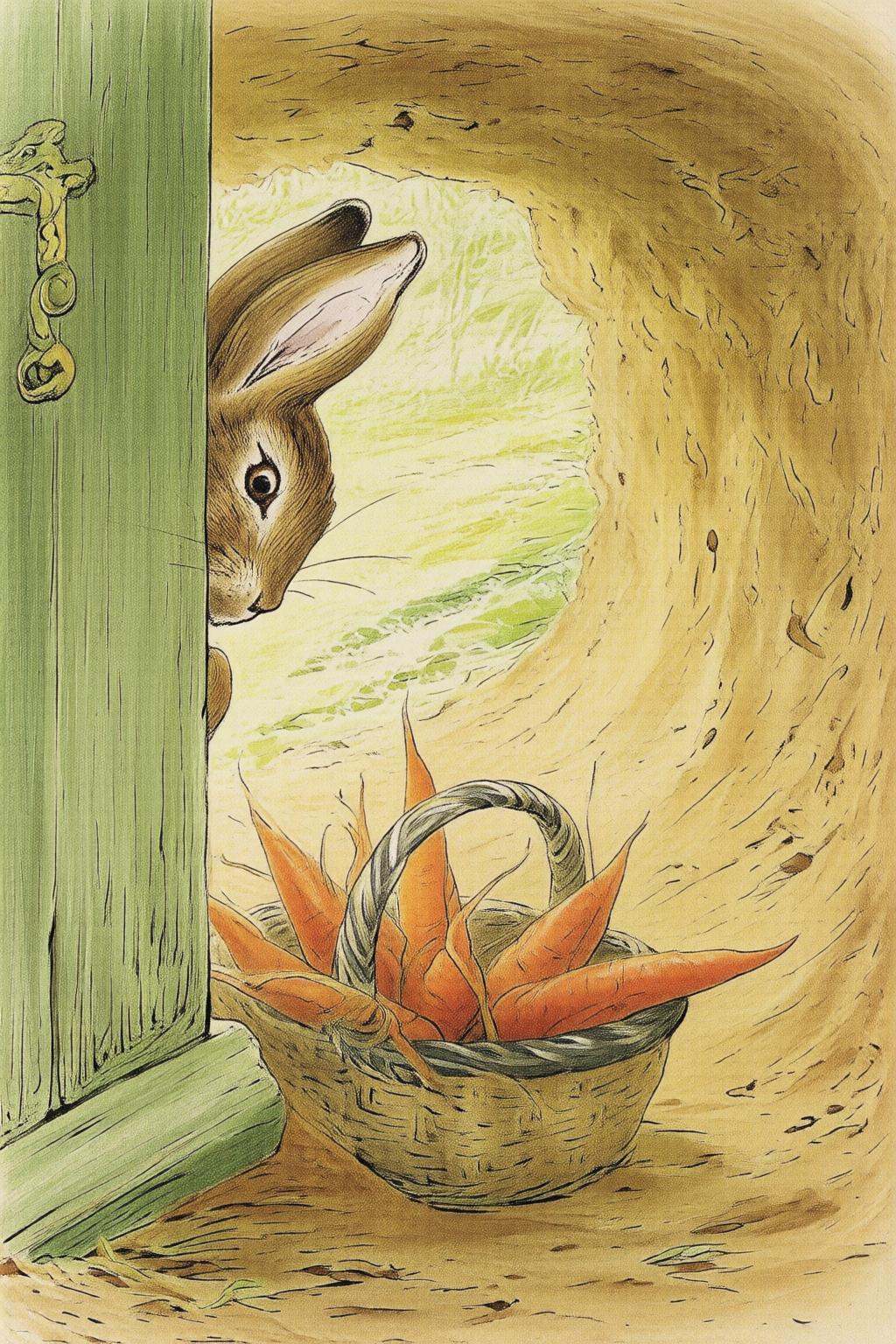 beatrixpotter2q illustration.An anthropomorphic rabbit,  shown in side profile,  peeks from behind a green wooden door. Th...