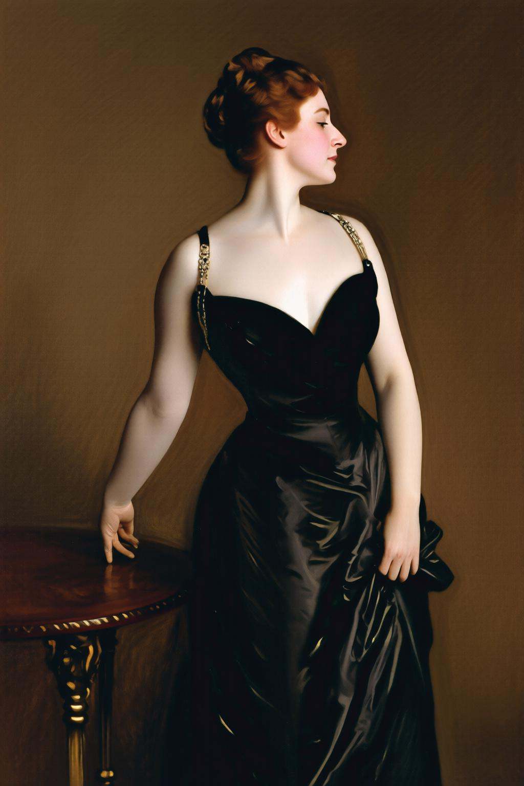 johnsingersargent6q painting.A graceful woman,  her face shown in profile,  turning her head to looking to the right. She...