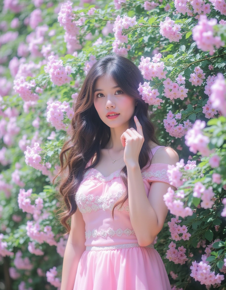<lora:huajishaonv:1>,huaji,At eye level,a woman wearing a pink dress stands in front of a tree full of pale pink flowers. Her hair is long and curly,and the background camera has a blurred effect,