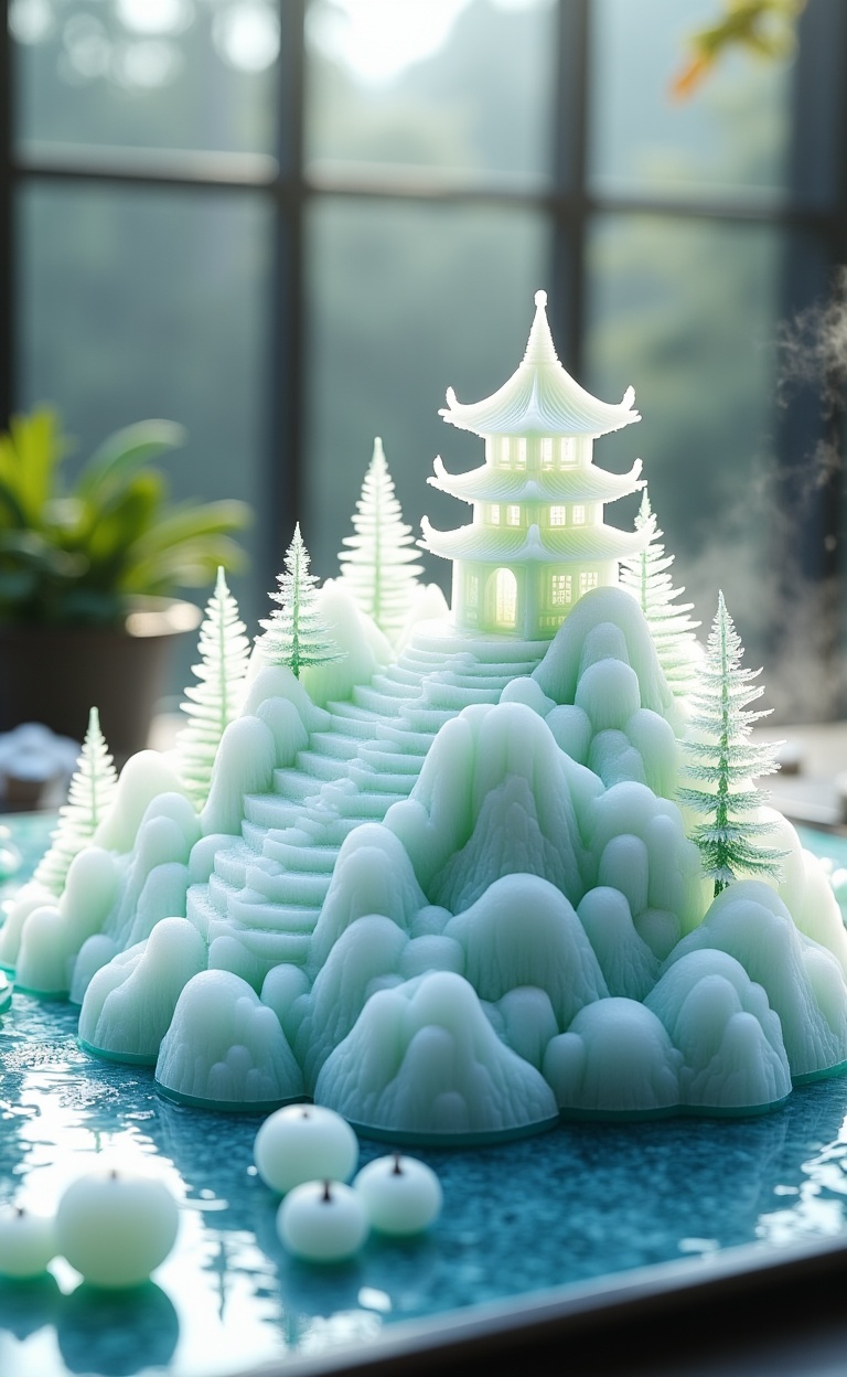 miluo_zsyd, This is a photograph of a meticulously crafted ice sculpture set against a backdrop of soft, natural light. The central focus is an elaborate ice structure that replicates a serene landscape featuring a traditional East Asian pagoda, surrounded by stylized trees and rocks. The ice is translucent, with shades of pale blue and white, giving it a delicate, ethereal appearance. The pagoda, located slightly to the right of the center, is detailed with tiered roofs and intricate carvings, which are accentuated by the ice's translucency.The surrounding landscape includes sculpted trees with needle-like branches, and jagged rock formations that appear to be covered in frost. Small, round ice pieces resembling fruit are scattered around the base of the sculpture, adding to the naturalistic feel. The background features a soft-focus, misty ambiance with hints of greenery, suggesting a forested area. The foreground includes a glass surface with a subtle blue tint, reflecting the ice sculpture and adding a sense of depth. The overall composition exudes a tranquil, almost otherworldly atmosphere, with the play of light and shadow enhancing the intricate details of the ice.<lora:米洛-中式盘中餐-flux-12.7:1>