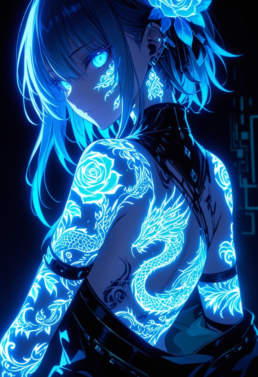 A full body Anime art. anime style A mystical Asian girl with glowing blue ethereal floral rose tattoos covering her hand,...