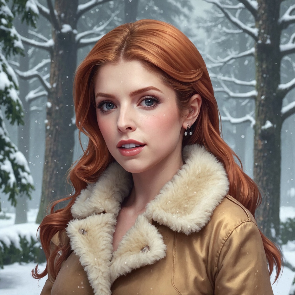 This is a hyper-realistic digital illustration depicting anna_kendrick with striking red hair cascading in soft waves over...