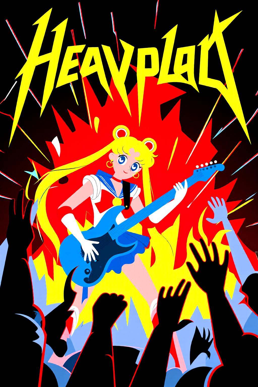 flatcolorvectorart2q illustration.Punk sailor moon playing a guitar at a heavy metal mosh pit,  tattoos,  piercing. on Ten...