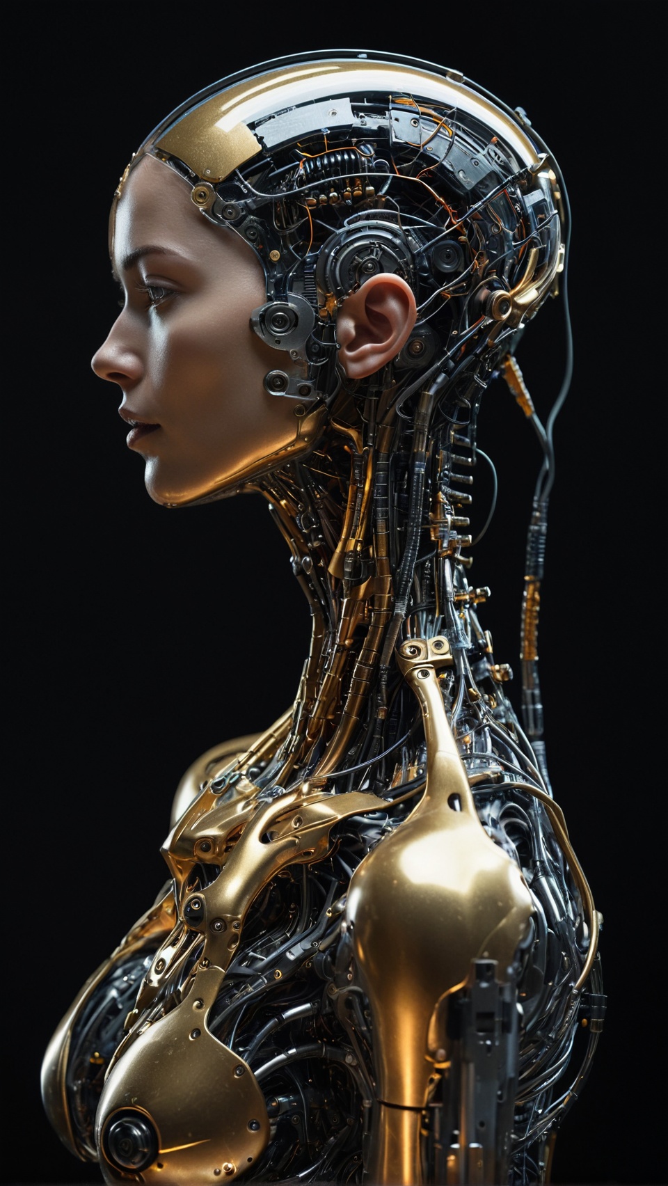 her levitating head elegantly suspended above a biomechanical torso,  connected through detailed neural wires,  glowing fi...