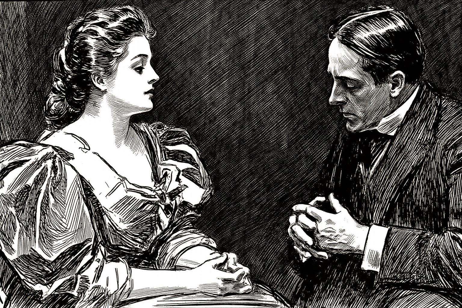 charlesdgibson1 illustration.Close up of a woman and a man are engaged in conversation in a dark room. On the left,  a wom...