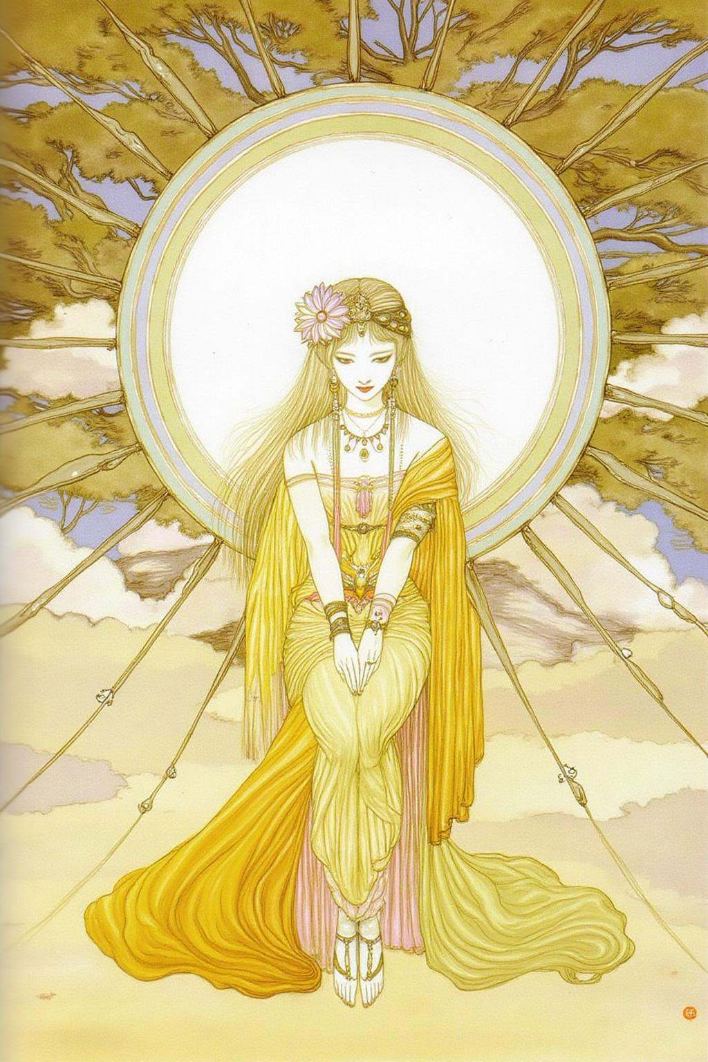 amayo illustration.A woman seated at the center. She is adorned in a flowing,  golden-yellow dress that cascades down to h...