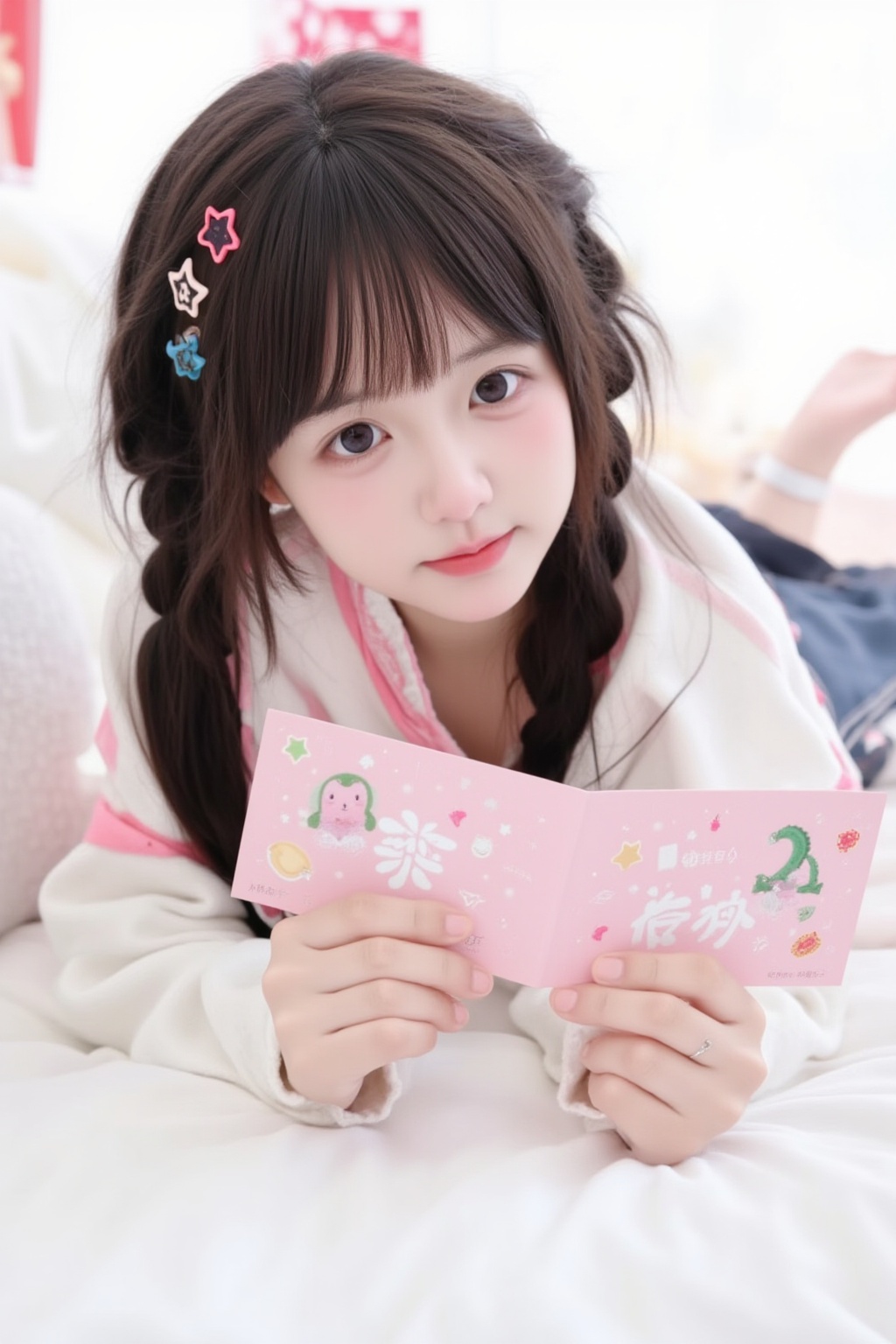 1girl,This is a photograph of a young woman with a light skin tone, likely of East Asian descent, lying on a plush, white couch. She has straight, dark brown hair styled in a loose braid with small, star-shaped hair clips on either side. Her bangs are straight and slightly curled at the ends. She is wearing a white long-sleeved top with a pink trim and a pink, patterned scarf tied around her neck. She is holding two pink, rectangular cards in her hands, one in each hand, with Chinese characters printed on them. The cards are decorated with small, playful illustrations, including a green dragon and a red envelope. The background features a soft, pastel pink wall with a decorative element in the shape of a red envelope, adding to the festive atmosphere. The overall color scheme is light and cheerful, with a mix of pastel shades and vibrant accents. The woman's expression is neutral, and she is looking directly at the camera, creating a candid, intimate feel to the image. <lora:萌妹FLUX-14:0.6>