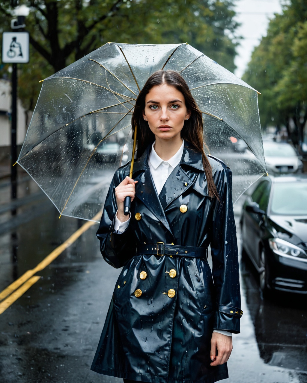 Photograph of a 25 year old woman standing on a wet street holding a transparent umbrella. She has natural skin texture,...