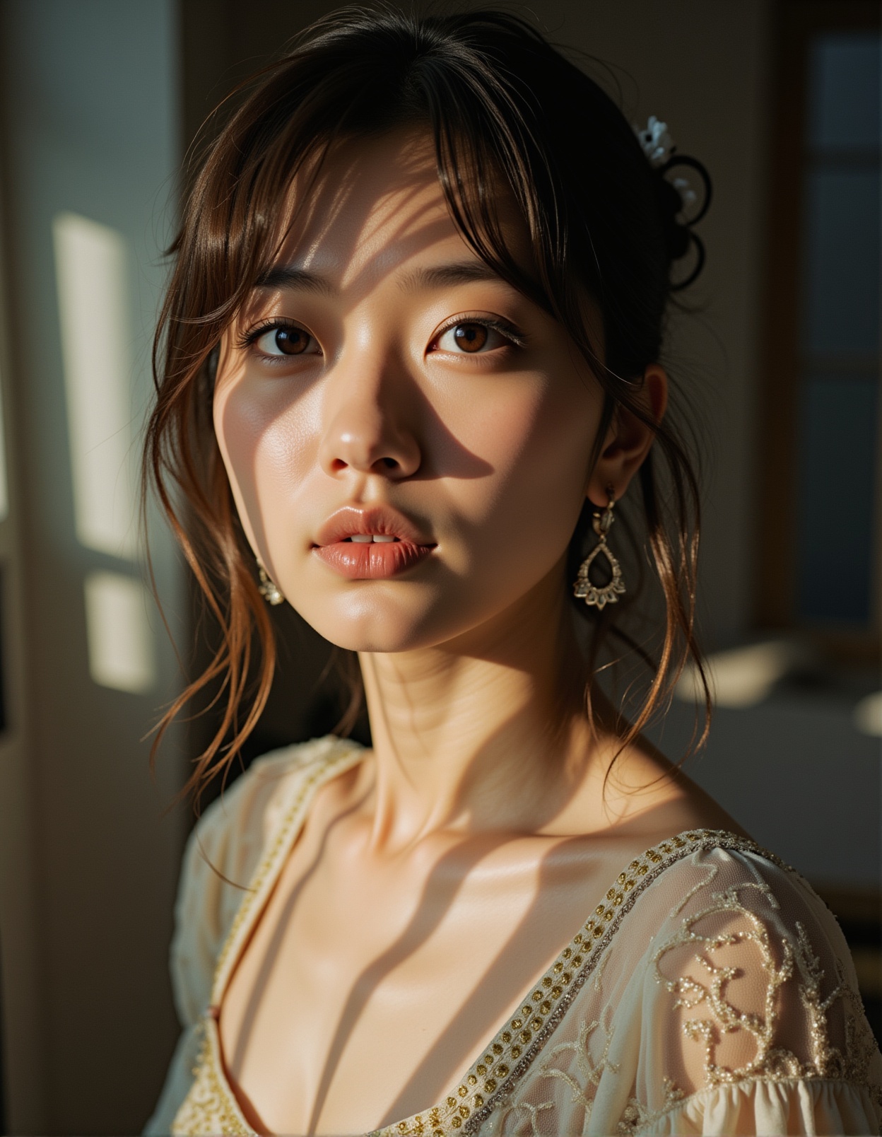 A raw photo of a K-POP wearing a style dress,  captured in a close-up shot. Her skin glows under natural light,  highlight...