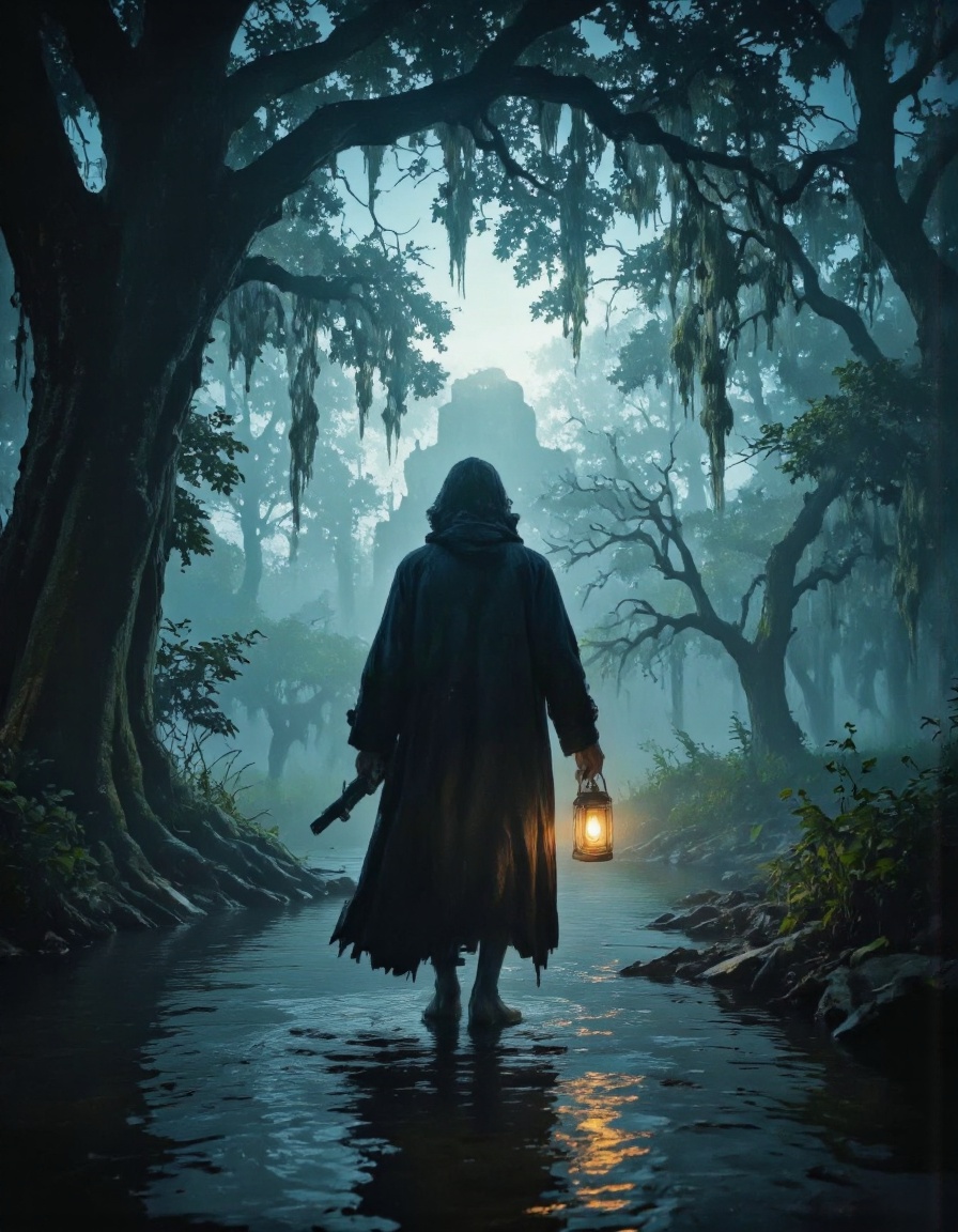 A dark fantasy theme. A dark,  moody scene from behind,  depicting a lone figure walking through a misty forest on Tensor.Art