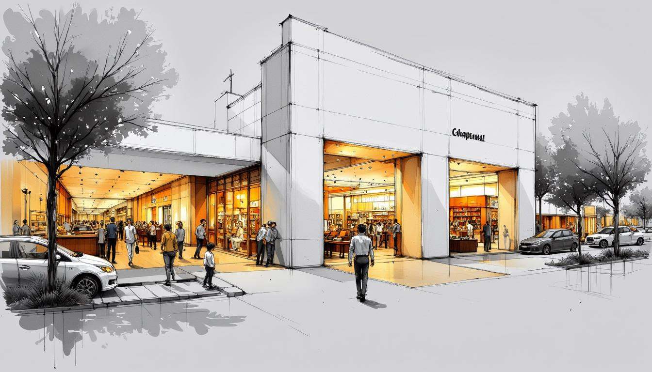 sketch of a modern shoppingmall,  illuminated by warm yellow lights from some window,  monochromatic with grey tones and s...