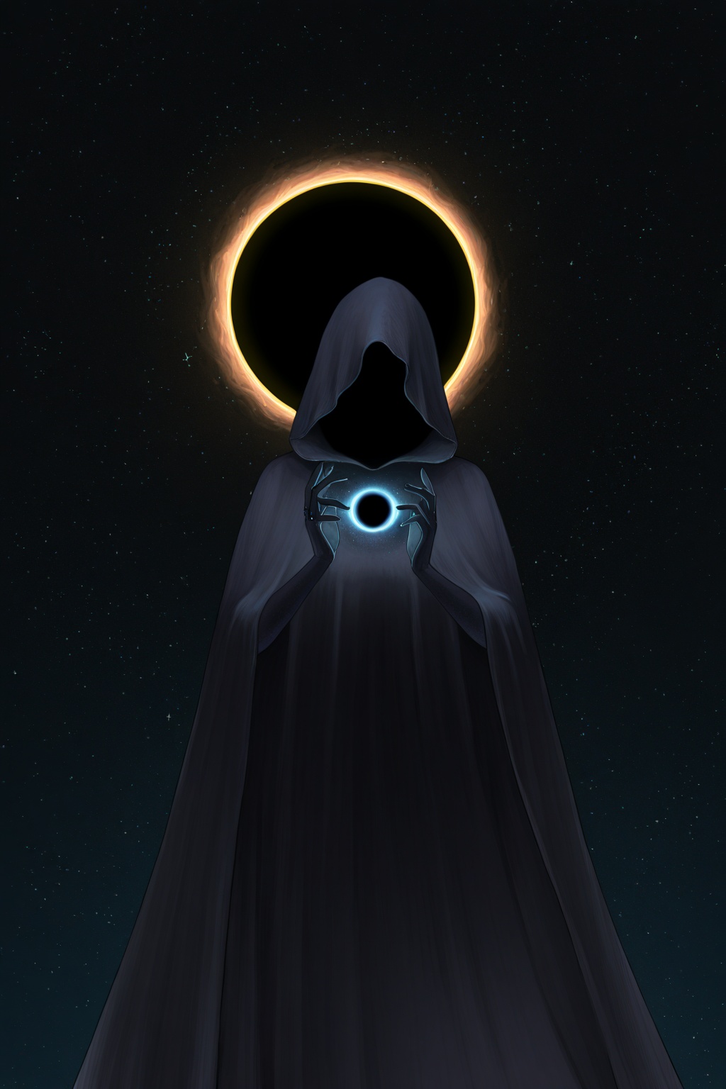This image is a digital artwork featuring a mysterious,  hooded figure set against a vast,  star-studded cosmic background...