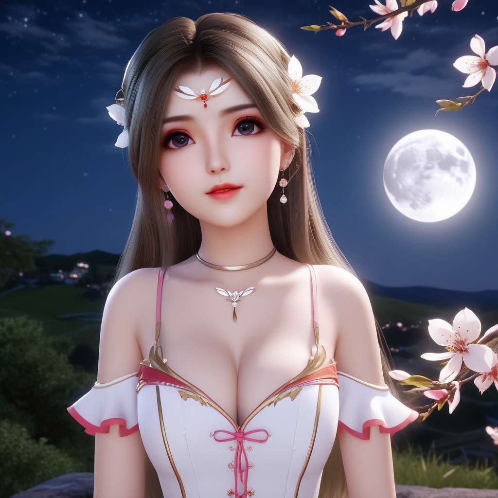 <lora:837-DA-XL-斗罗大陆-千仞雪-幼年:0.8>, (,1girl, ,best quality, ),,  ,ultra realistic 8k cg,, ,masterpiece, (( , )),, ,   ,   cure blossom, full moon,night,night sky,  (cleavage),,  (), ,,