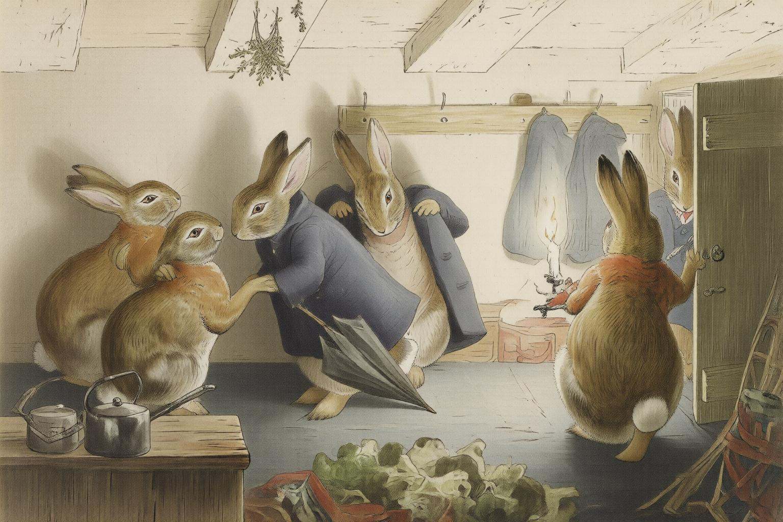 beatrixpotter2q illustration.A group of anthropomorphic rabbits in a rustic,  well-lit cottage kitchen are leaving after a...