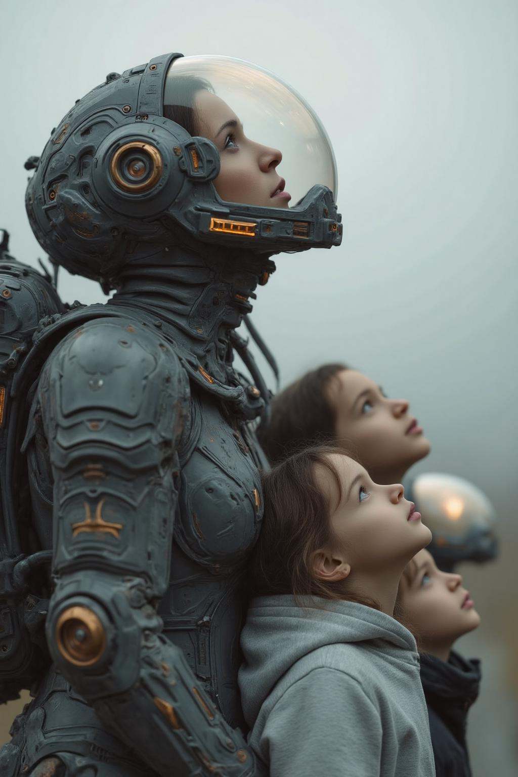 midjourney photograph. Close-up,  eye-level shot captures four individuals,  shown in side profile on Tensor.Art