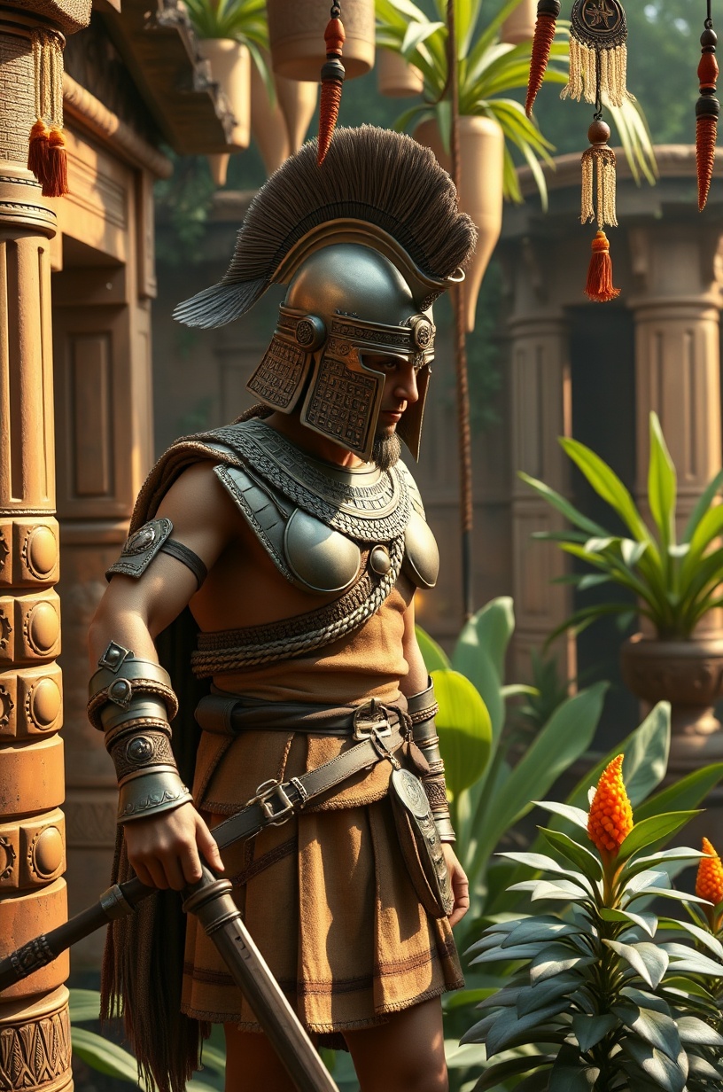 a 4k photograph with hyper realism of a ancient Babylonian warrior in the hanging gardens on Tensor.Art