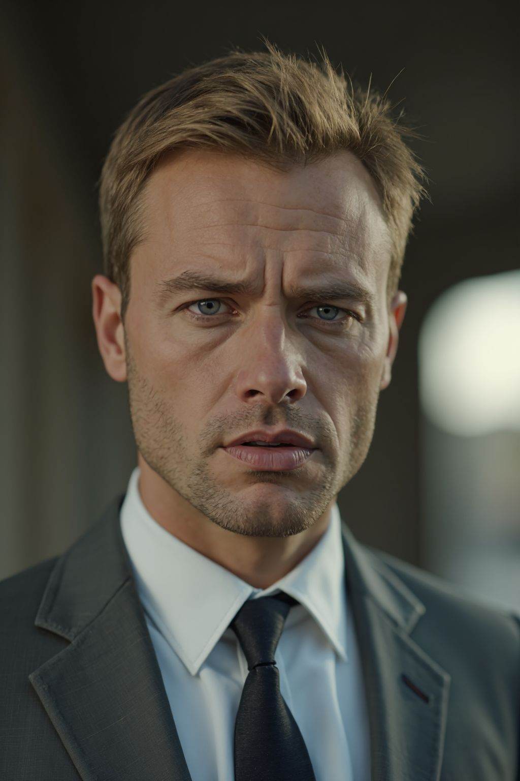 HDR photo of cinematic film still,  This is a photo of a man with short blond hair. He is wearing a gray suit,  with his m...