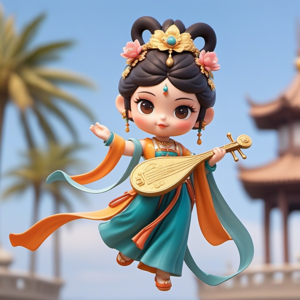 Q edition,shinv, A cute anime-style digital pic features a young girl with a round face and big, expressive brown eyes. She's got fair skin and jet-black hair done up in a fancy bun with a floral hairpiece. She's rocking a traditional Chinese outfit with a golden top and a flowing, teal skirt. In her right hand, she's holding a lute, while her left hand is waving. The background is a soft-focus scene with palm trees and a pagoda-style building, giving off an exotic, chill vibe. The style is all about cute, detailed, and vibrant.<lora:shinv_v1:0.8>,