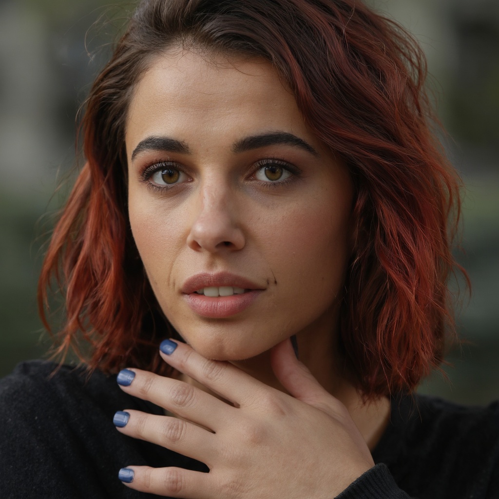 A close-up portrait of naomi_scott with vibrant red hair and striking blue eyes. Her hair is styled in loose waves,  casca...