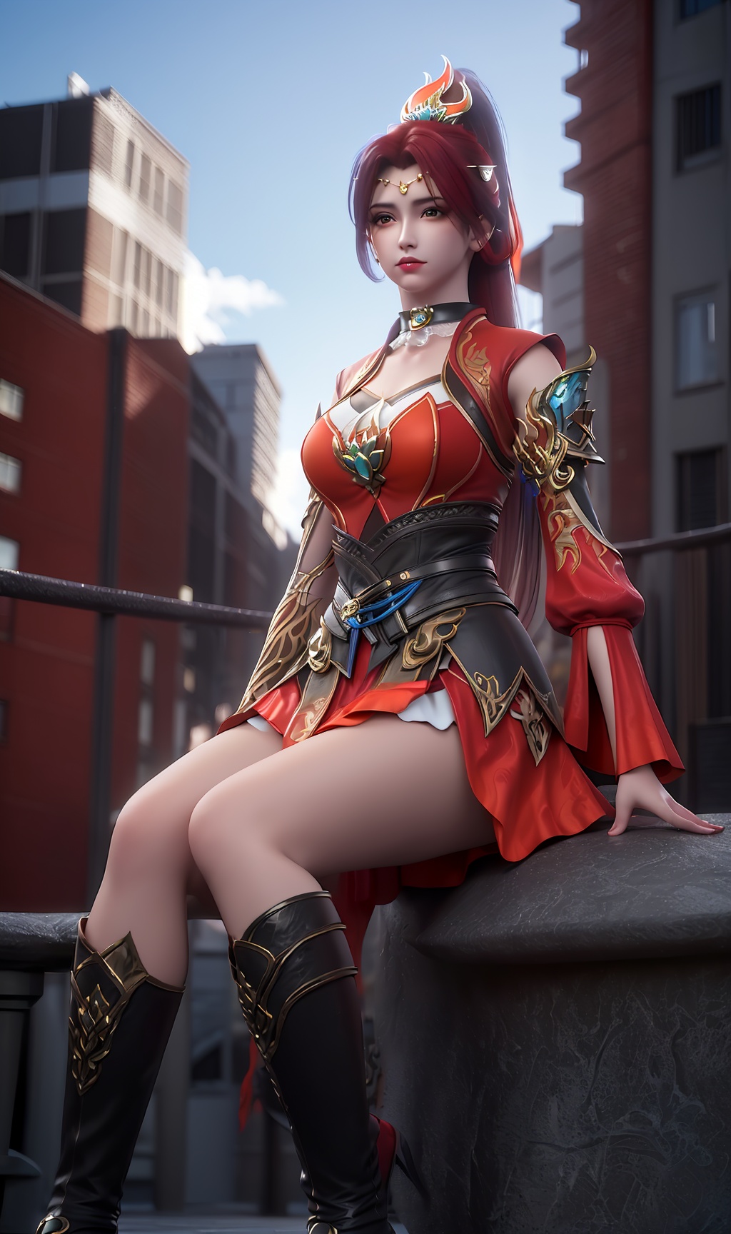 3D,masterpiece,(best quality),(makeup),official art, extremely detailed cg 8k wallpaper,((crystalstexture skin)), (extremely delicate and beautiful),(highly detailed),(face),(collar),(armor),(tiara),(ponytail),(1girl), (solo), (jewelry), (earrings),(tangerine_hair),(long_hair),(hair_ornament),(handwear),(breasts),(sitting),((full_body,whole_body)),(bandage),(dress),(shorts_skirt),(shiny_clothes),(long_legs),(thighs),(city,outdoor),(belt),(wrist_cuffs),(multicolored_clothes),(multicolored_dress),,((looking_at_viewer)),((Facing the camera)),(boots),(knee_boots),, <lora:hipoly3DModelLora_v10:0.3>
