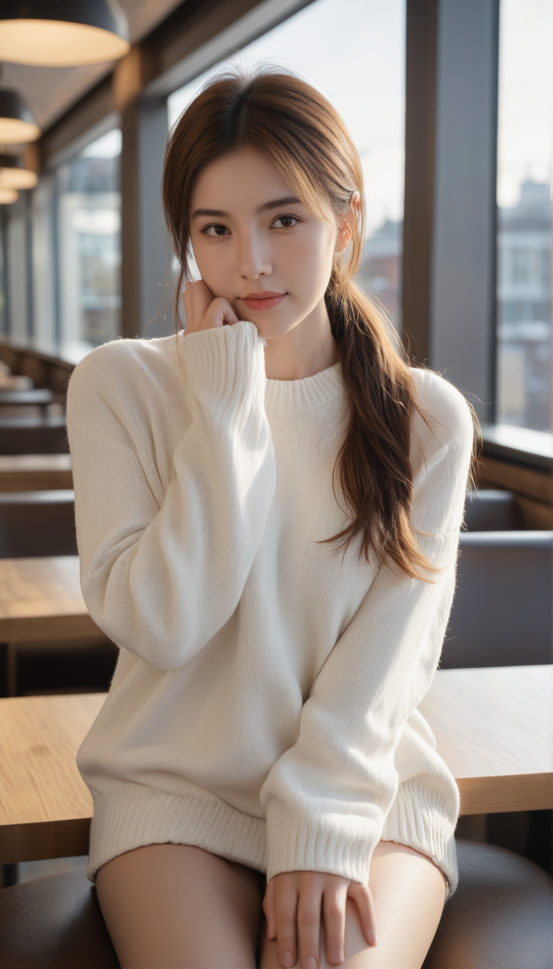 A young woman with fair skin and long brown hair tied back in a loose ponytail,  wearing a white,  long-sleeved sweater. S...