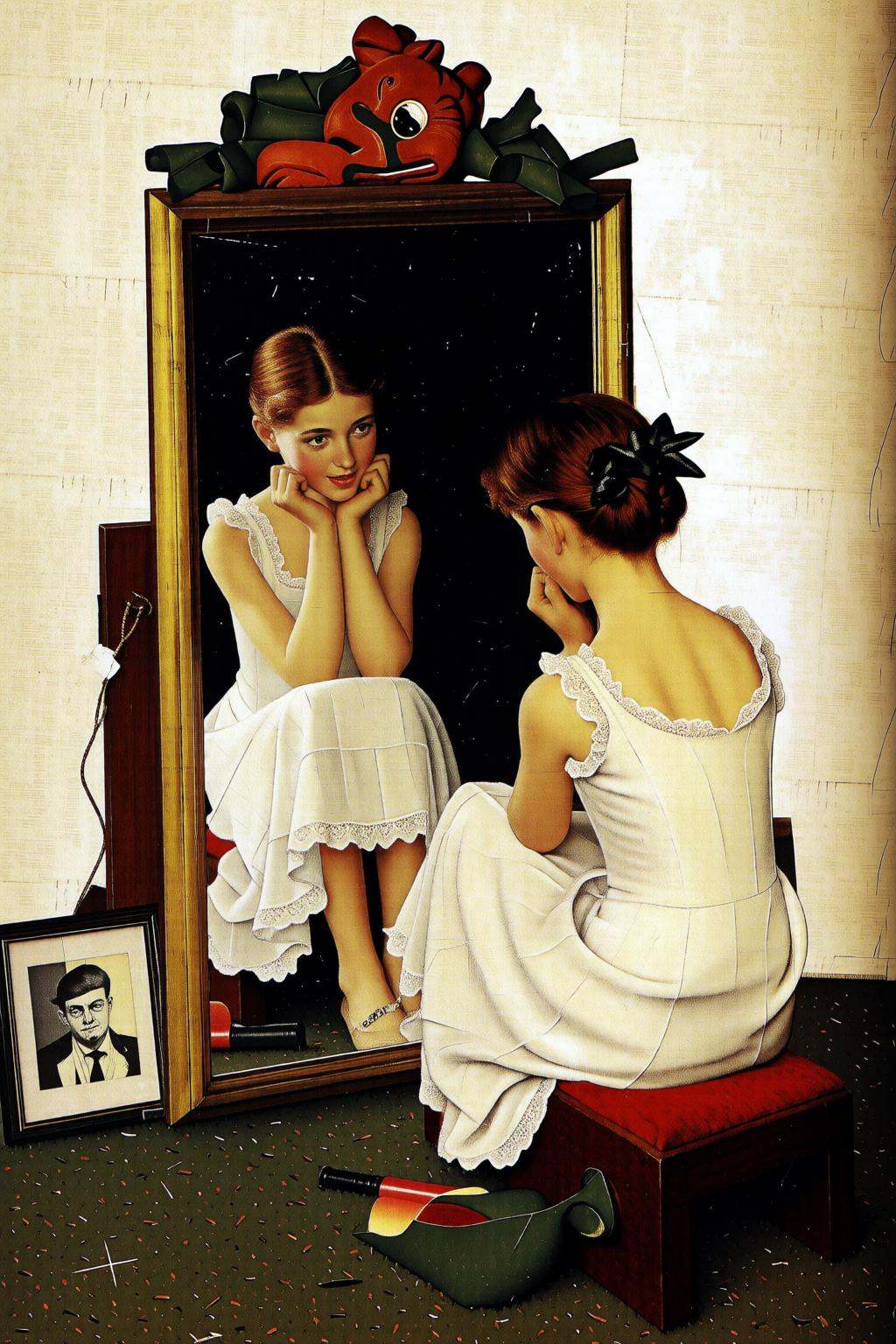 normanrockwell2q illustration.A child is looking at her reflection in front of a large,  ornate mirror with intricate gold...