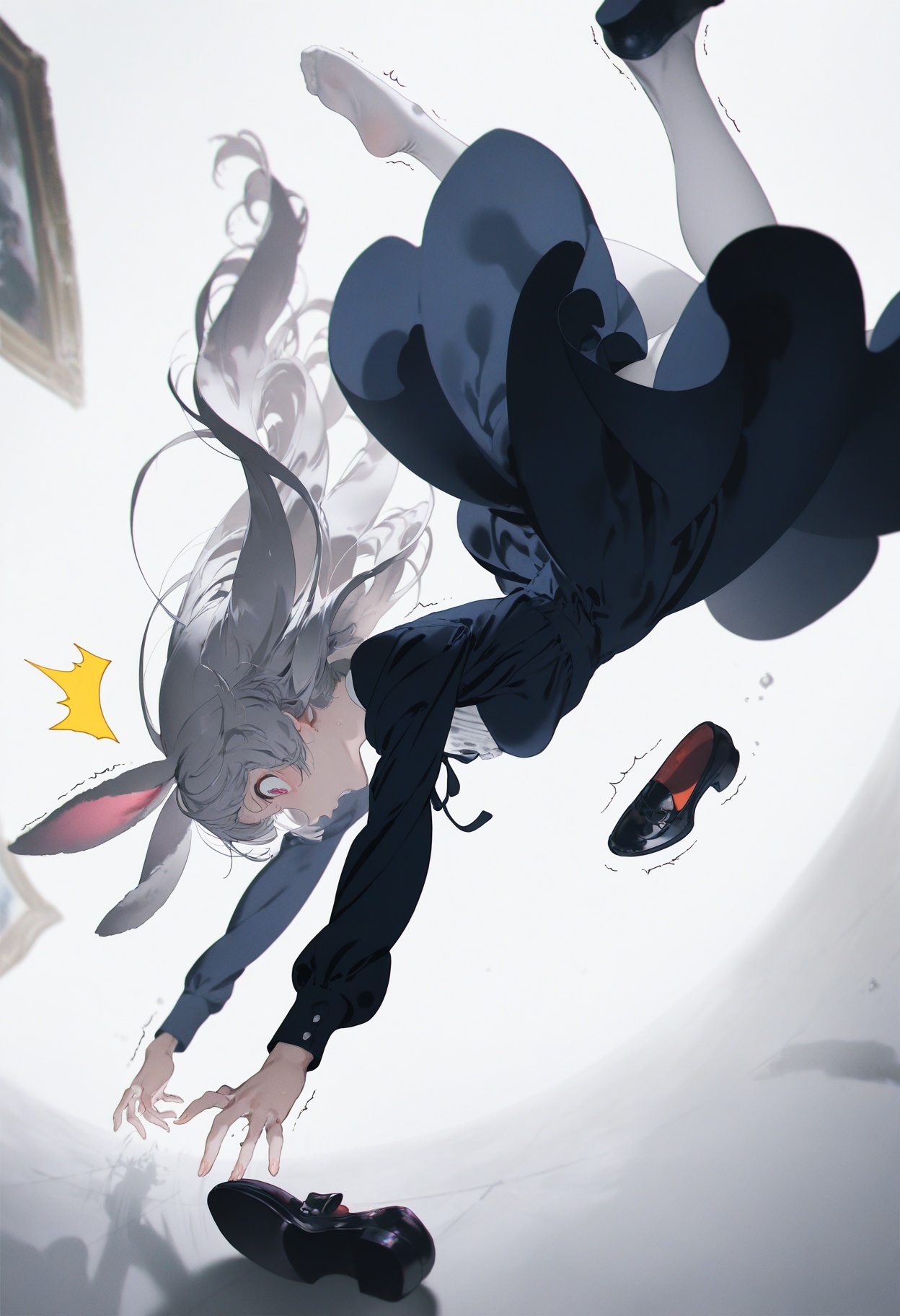 masterpiece,best quality,amazing quality,very aesthetic,absurdres,newest,impactful picture,offcial art,movie perspective,yoneyama mai,(aos:0.5),(fajyobore:0.5),(chiaroscuro:0.5),cute painting style,dark,1girl, solo, long hair, shoes, animal ears, rabbit ears, pantyhose, single shoe, white pantyhose, dress, outstretched arms, grey hair, long sleeves, falling, white background, falling, , from side,motion lines, ^^^,trembling,fall down, get on the ground