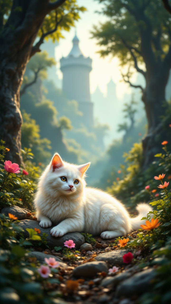 a fluffy white cat with emerald violet eyes and a bright yellow tail lounges in a lush jungle,  surrounded by towering tre...