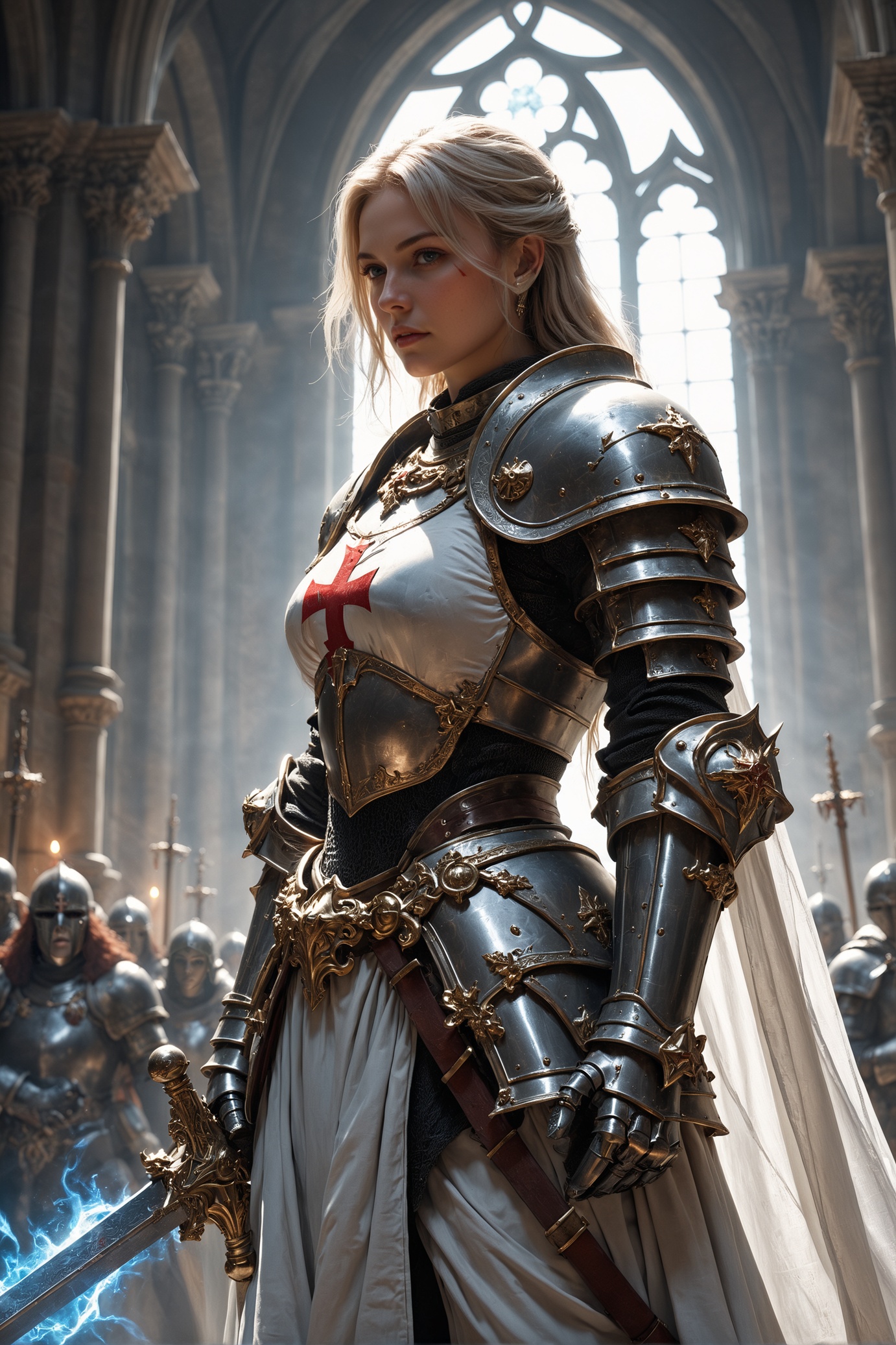 detailed photorealistic image,  closeup portrait of female knight,  white plated armor with white tabard red templar cross...