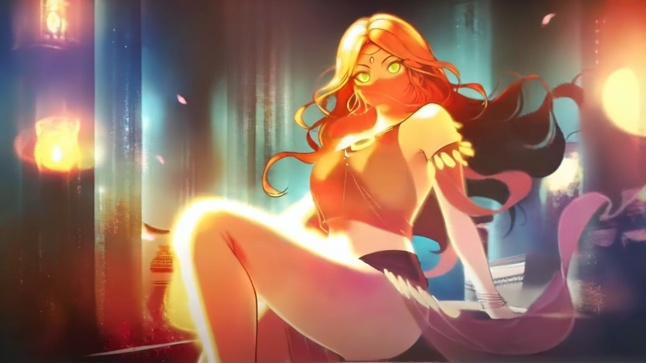 redveil,  a woman with green eyes and a red nose,  standing on Tensor.Art