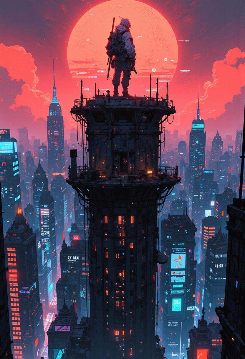 anime style ,  Skyline vista,  a lone figure stands atop an abandoned tower on Tensor.Art