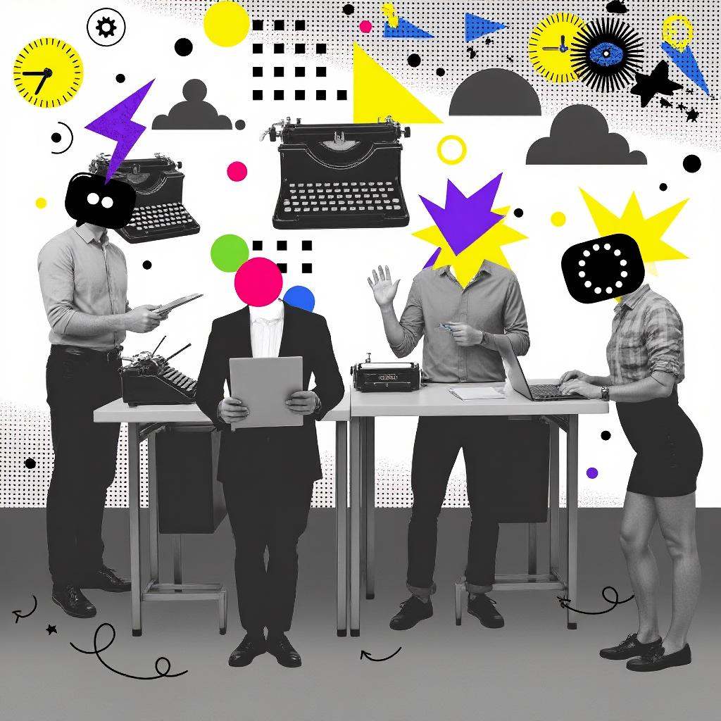 A surreal office scene,  contemporary collage art style,  where employees have geometric shapes for heads on Tensor.Art
