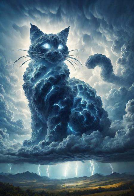 illustration of a very detailed giant cat made of martius_storm,  awesome appearance,  magical landscape with enchanted el...