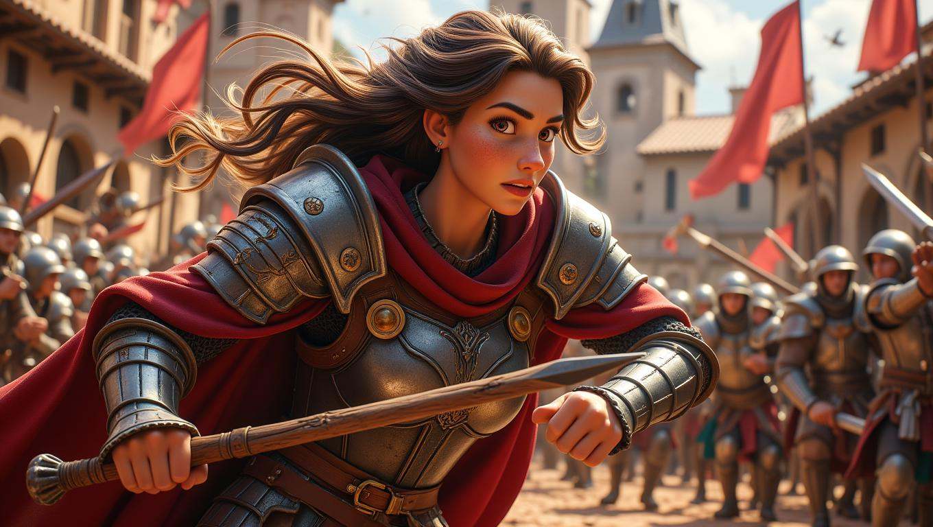 A fierce female warrior,  clad in intricately designed armor,  charges into battle with a determined expression. She wield...