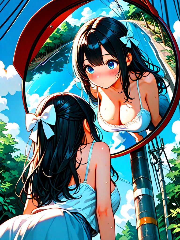 convex mirror,  traffic mirror,  utility pole on Tensor.Art