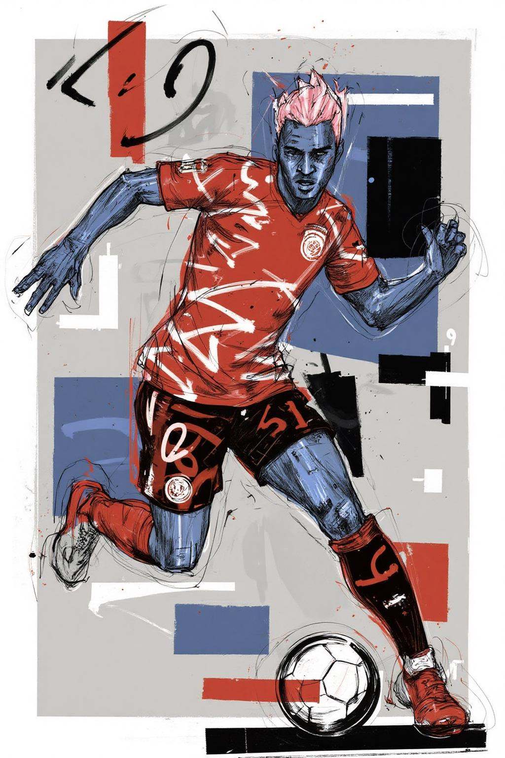 poster illustration. A soccer player in action. He is wearing a red jersey with white accents and black shorts. The player...