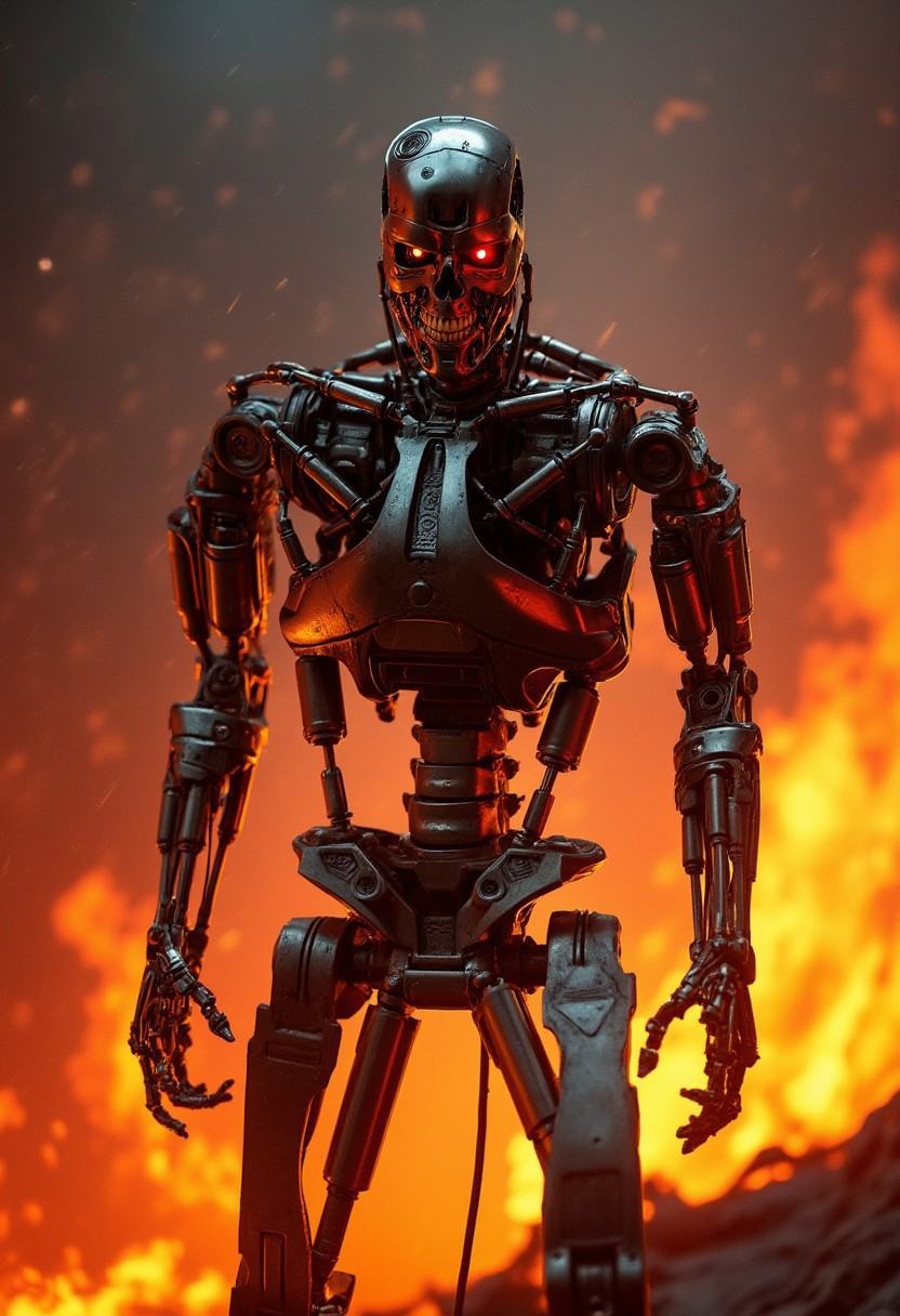 an upper body shot of a T800_Endo Terminator Robot with red eyes stands in a raging inferno of flames as he steps forth wi...